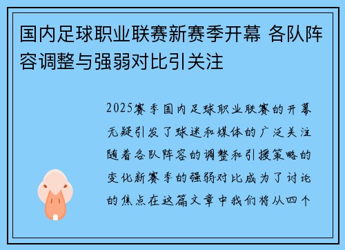 国内足球职业联赛新赛季开幕 各队阵容调整与强弱对比引关注