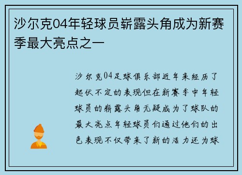 沙尔克04年轻球员崭露头角成为新赛季最大亮点之一