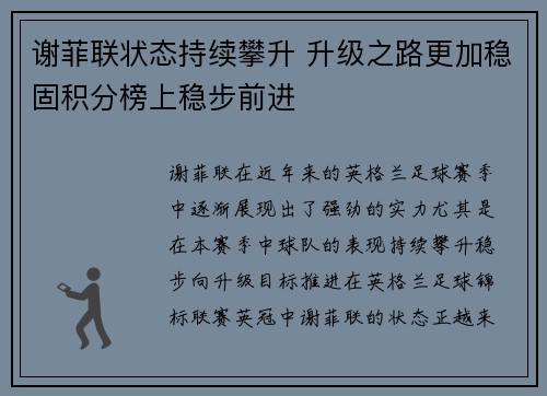 谢菲联状态持续攀升 升级之路更加稳固积分榜上稳步前进
