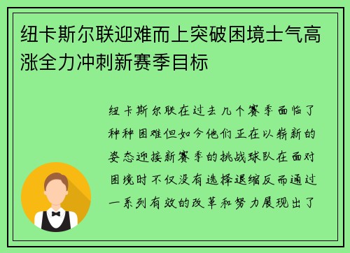 纽卡斯尔联迎难而上突破困境士气高涨全力冲刺新赛季目标